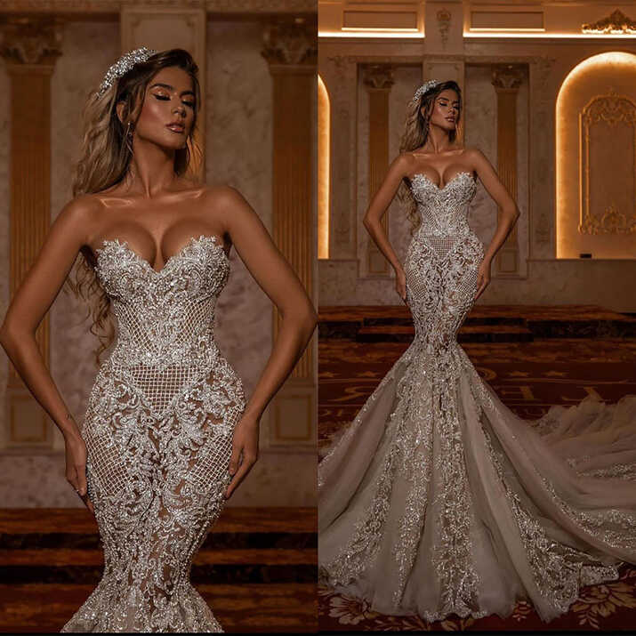 Sweetheart Mermaid Beaded Embroidery Wedding Dress Lace Illusion ...