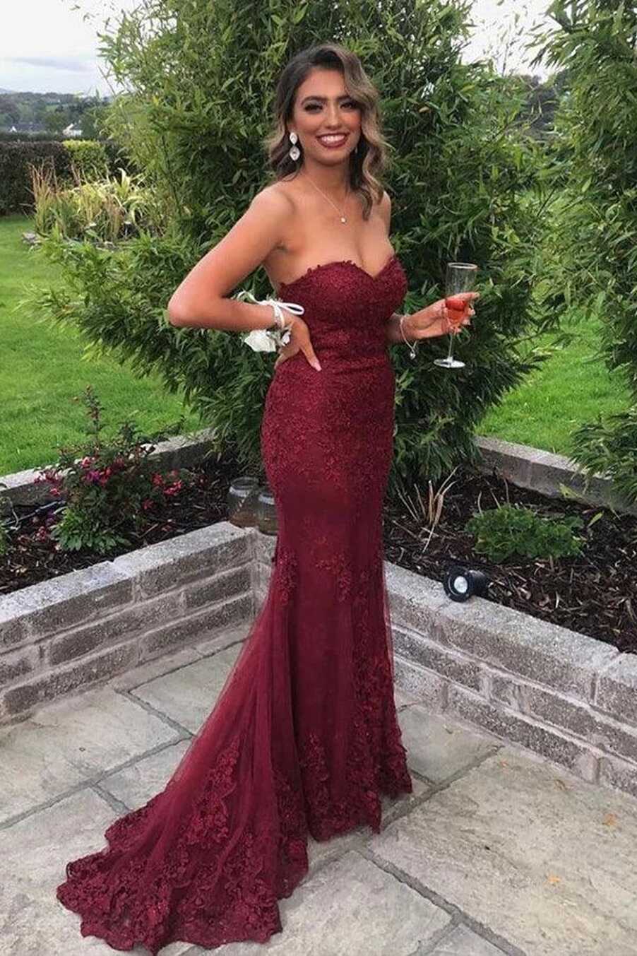 Sweetheart Mermaid Burgundy Lace Prom Dress Strapless Evening ...