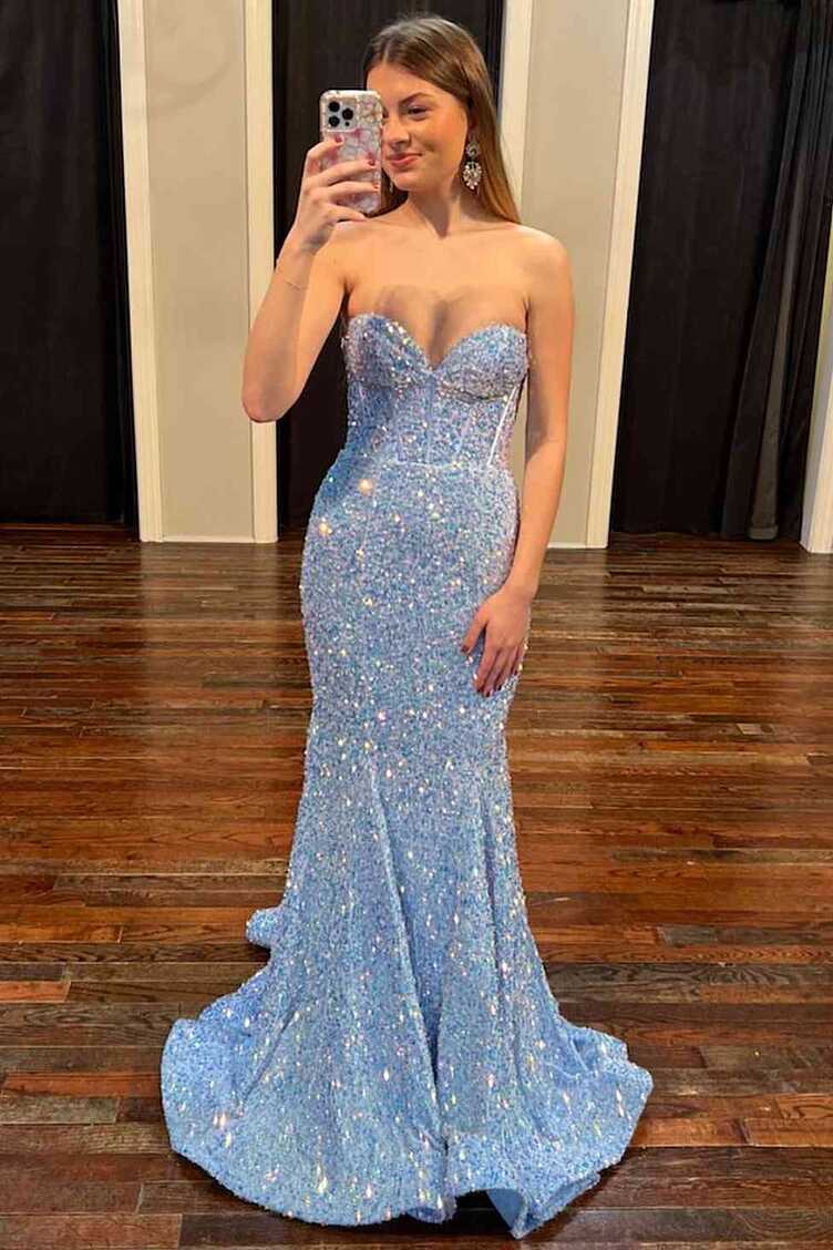 Sweetheart Mermaid Light Blue Sequin Long Prom Dress | KissProm