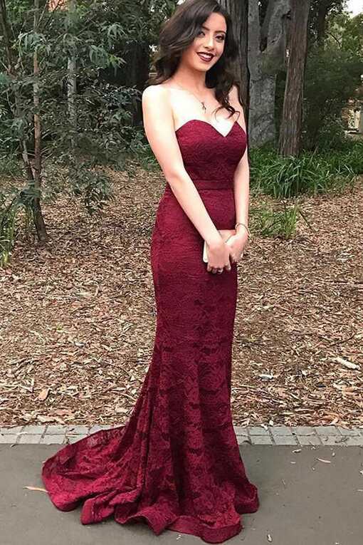 Sweetheart Mermaid Sweep Train Burgundy Lace Prom Dress – Pgmdress