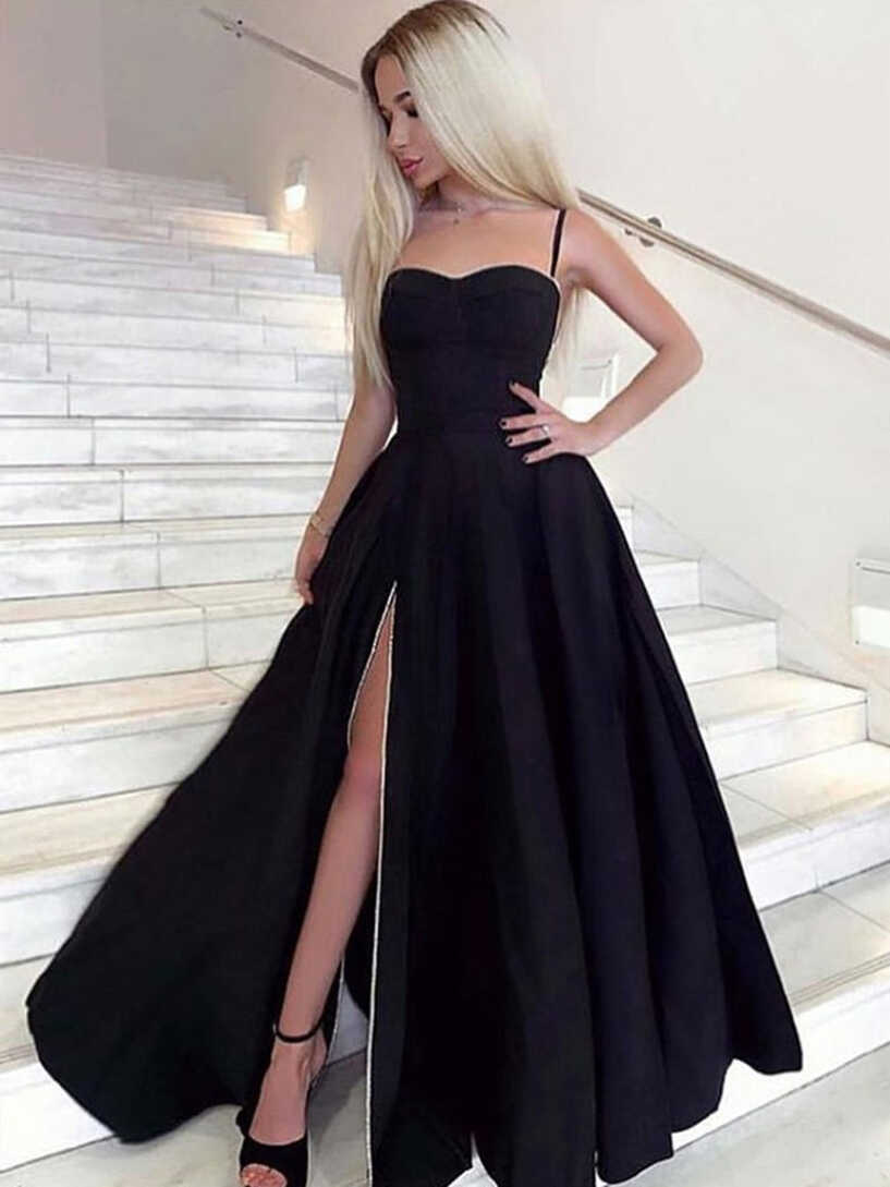 Sweetheart Neck Black Prom Dresses Long, Black Long Formal ...