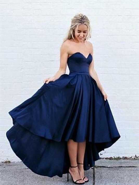 Sweetheart Neck High Low Dark Blue Short Prom Dress, Dark Blue ...