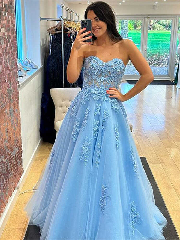 Sweetheart Neck Light Blue Lace Prom Dresses Long, Light Blue Long ...