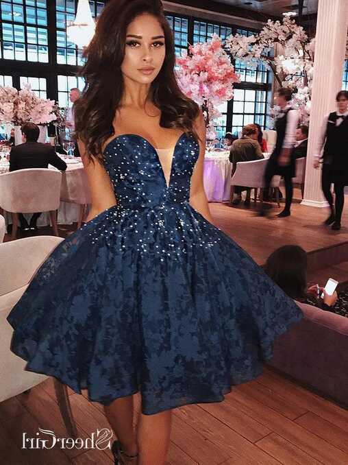 Sweetheart Neck Navy Blue Lace Homecoming Dresses Beaded Short ...