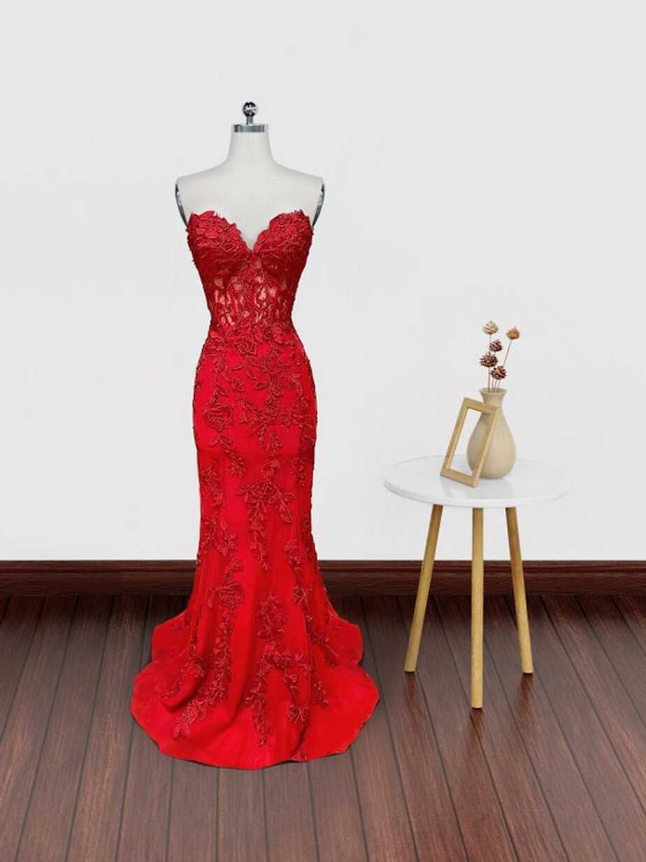 Sweetheart Neck Red Lace Mermaid Long Prom Dresses, Red Lace ...