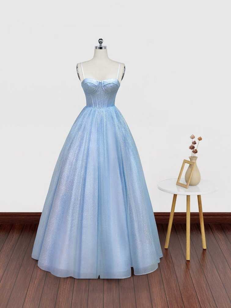 Sweetheart Neck Sky Blue Tulle Long Prom Dresses, Light Blue Long ...