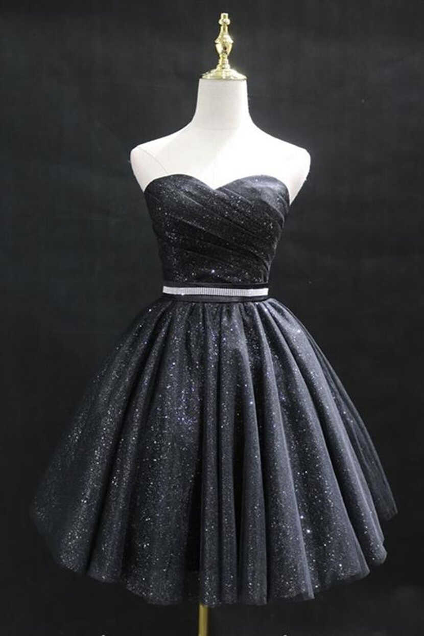 Sweetheart Neck Strapless Black Short Prom Dresses, Open Back ...