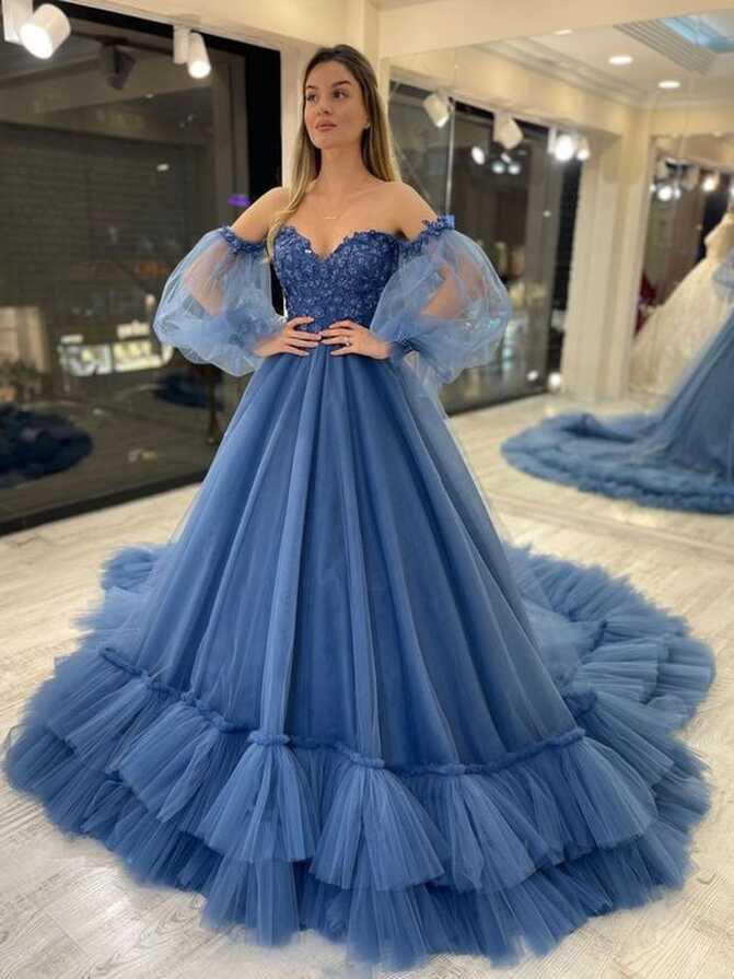 Sweetheart Neck Tulle Blue Prom Dress, Puff Sleeves Long Blue ...