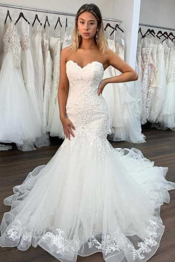 Sweetheart Neckline Sexy Lace Mermaid Wedding Dresses With Ruffles ...