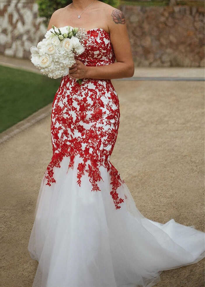 Sweetheart Sleeveless White-Red Lace Appliques Mermaid Wedding ...