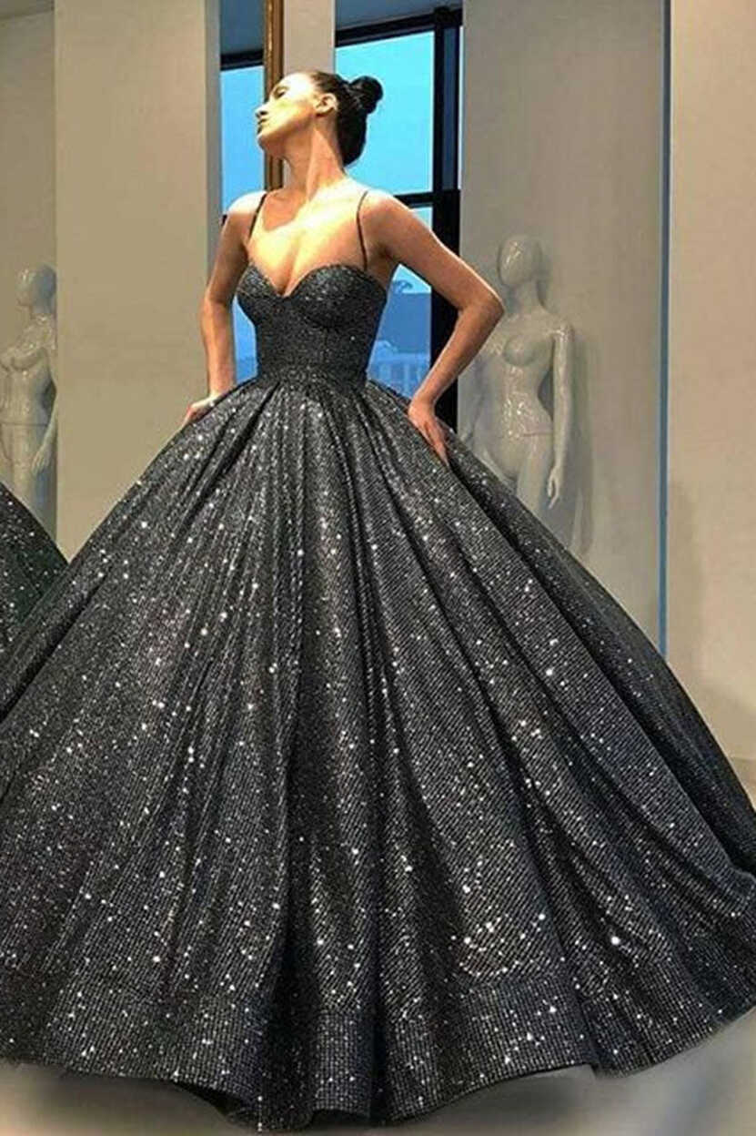 Sweetheart Spaghetti Straps Sequins Ball Gown Black Sparkly Prom Dress