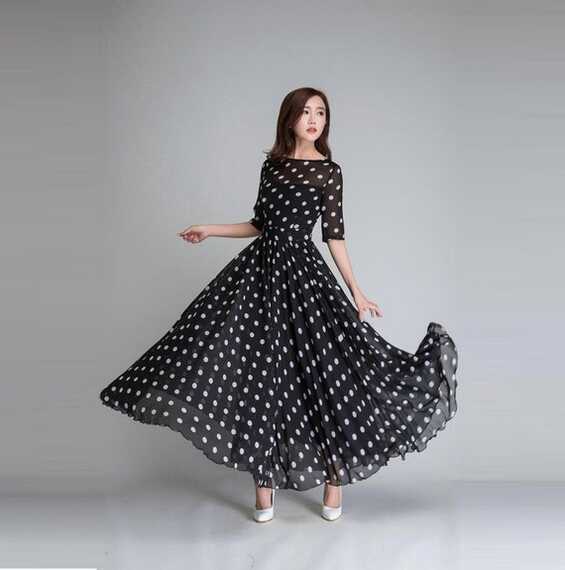 Swing Chiffon Long Maxi Dress With Sleeve, Polka Dot Maxi Chiffon ...