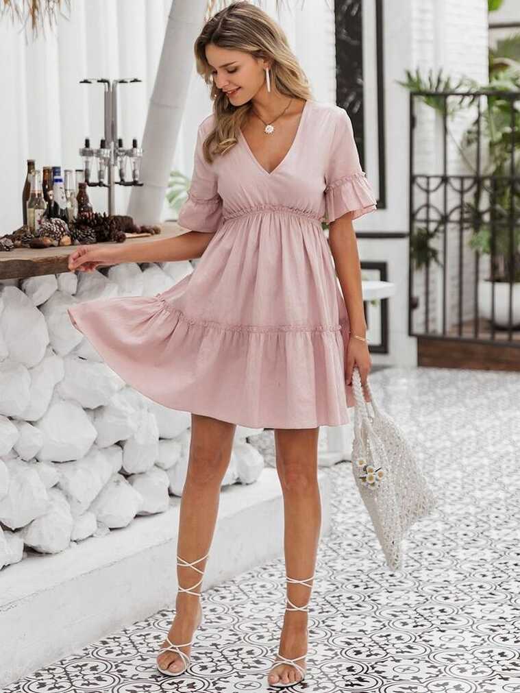 Swiss Dot Ruffle Trim Belted Dress | Elegant casual dress, Dress ...