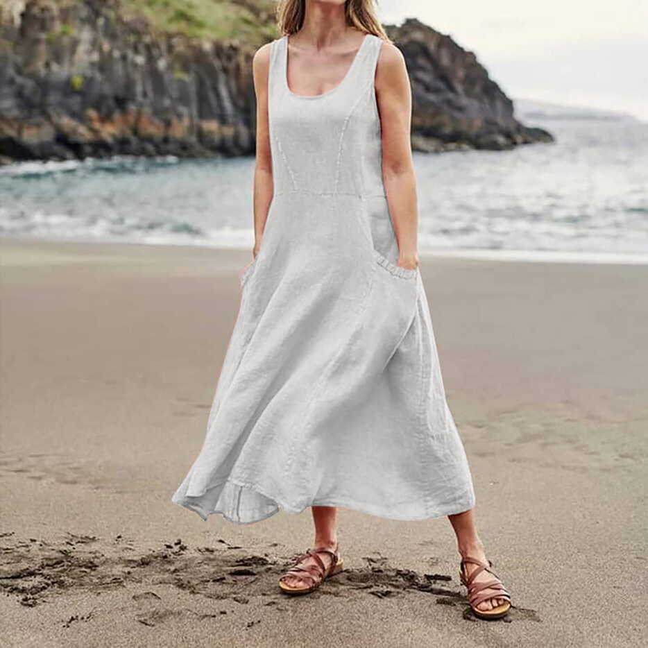 TQWQT Summer Beach Dress for Women Casual Cotton Linen Tank Dress ...