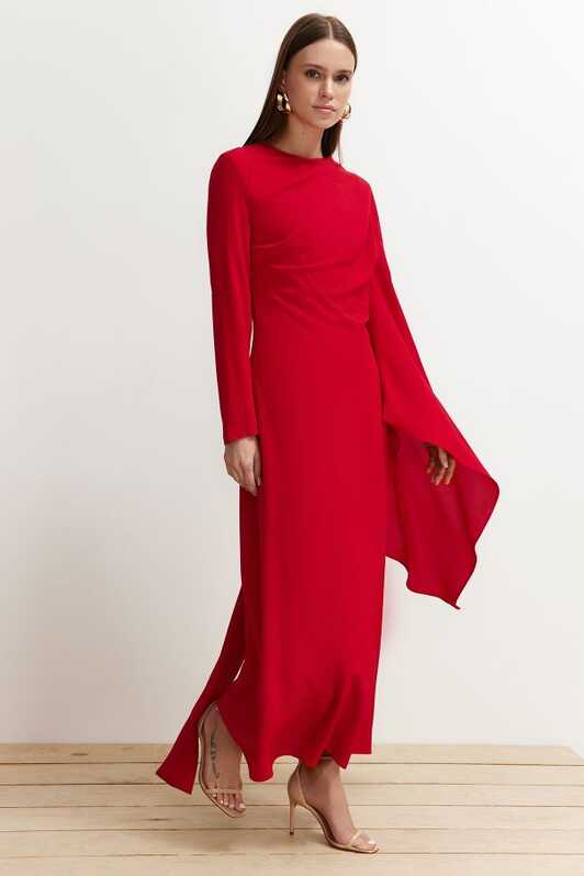 TRENDYOL MODEST Red Evening Dress with Shawl Detail ...