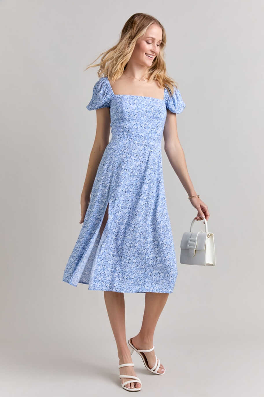 Tabitha Floral Puff Sleeve Light Blue Midi Dress