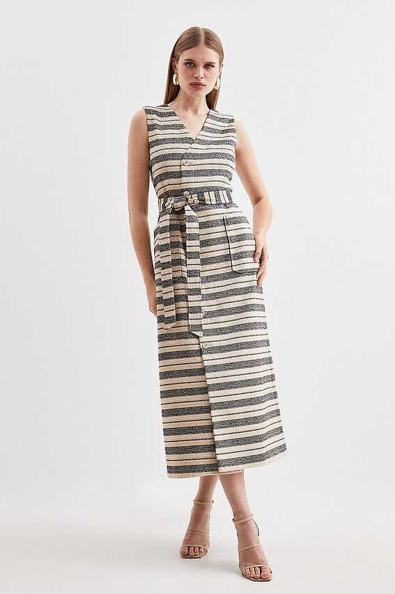 Tailored Striped Tweed Belted Sleeveless Midi Dress | Karen Millen