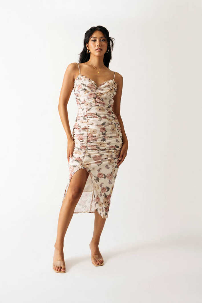 Take My Breath Floral Ruched Midi Dress - Ivory Multi - $135 | Tobi US