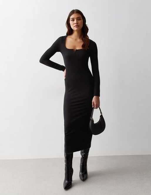 Tall Black Ribbed V Neck Long Sleeve Midi Dress | New Look