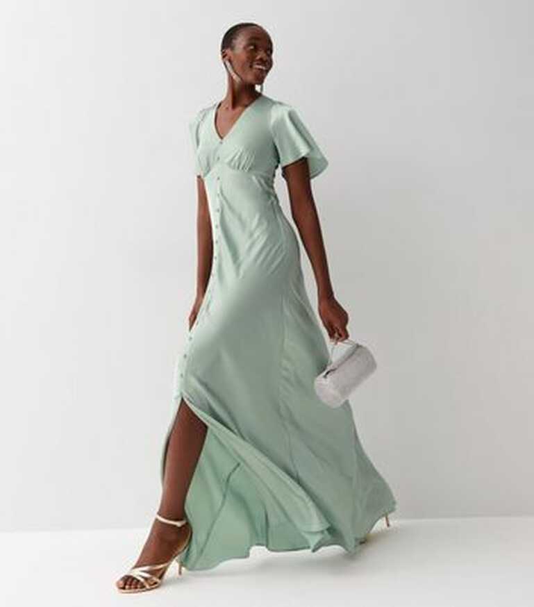 Tall Light Green Satin Short Sleeve Button Front Maxi Dress | New Look