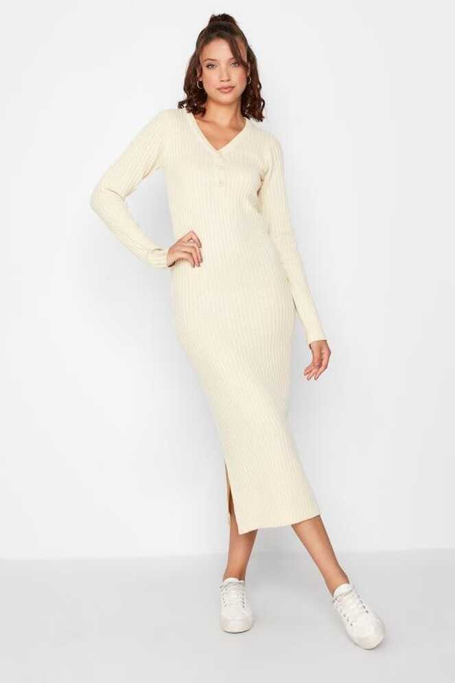 Tall Women&#39;s Cream Ribbed Long Sleeve Midi Dress | Long Tall Sally