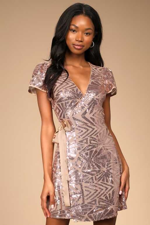 Tan Sequin Dress - Rose Gold Sequin Wrap Dress - Wrap Mini Dress ...