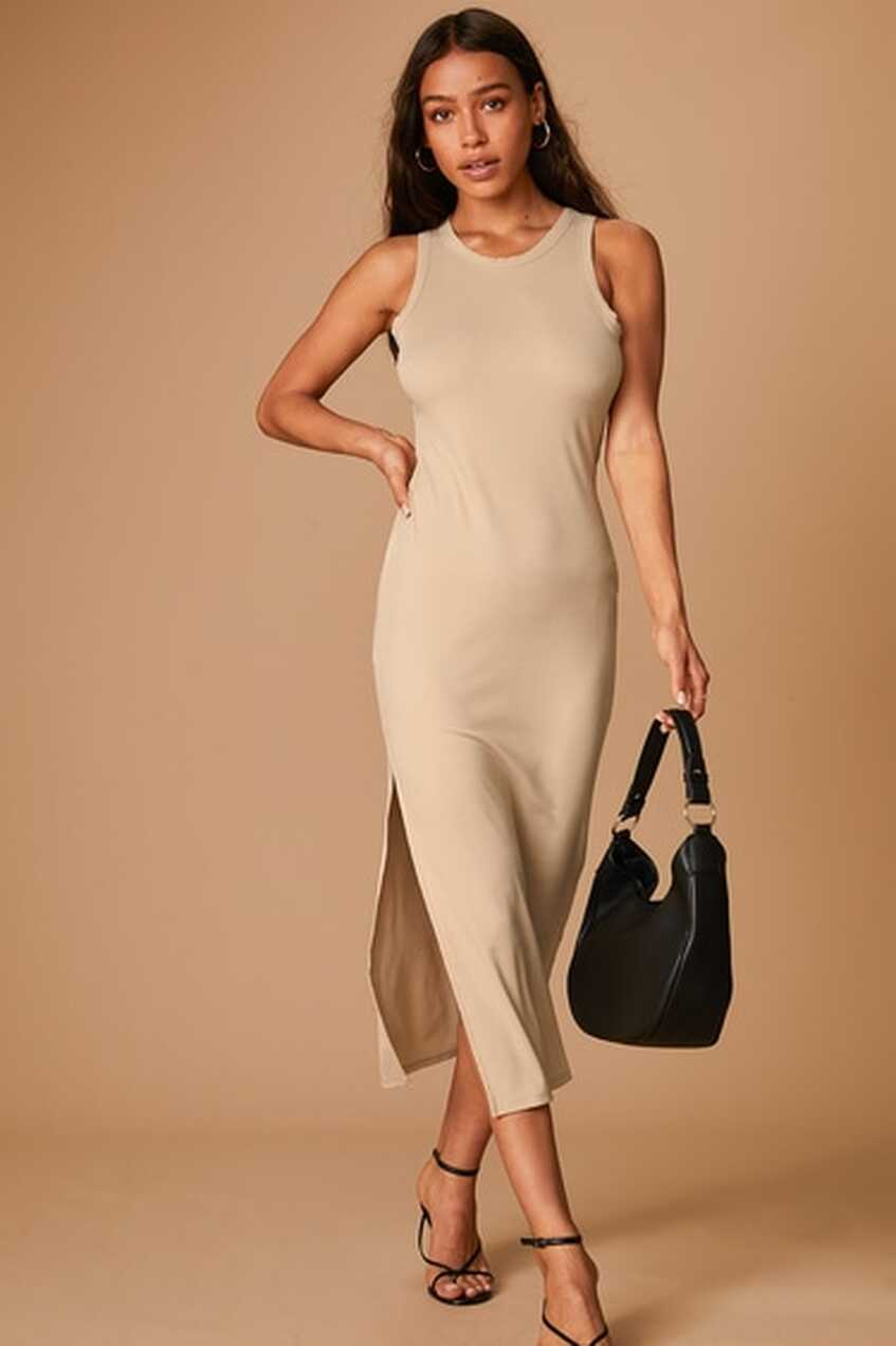 Tan Sleeveless Dress - Ribbed Midi Dress - Casual Tank Dress - Lulus