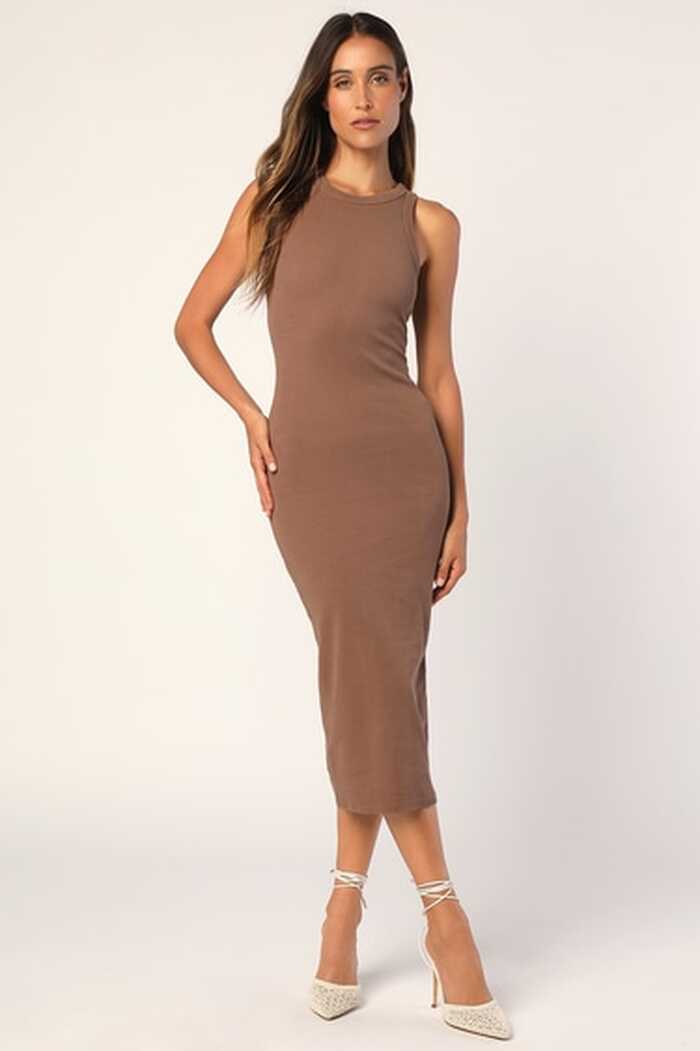 Taupe Bodycon Dress - Bodycon Midi Dress - Sleeveless Bodycon - Lulus