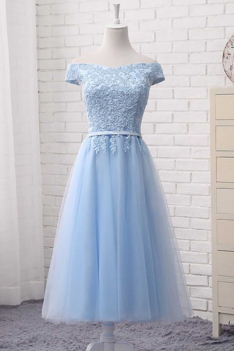 Tea Length Light Blue Semi Formal Dress Wedding Party Dress on Luulla