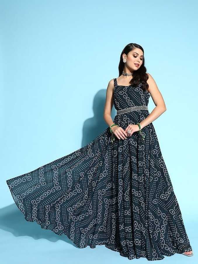 Teal Georgette Bandhani Printed Gown with Belt– Inddus.in