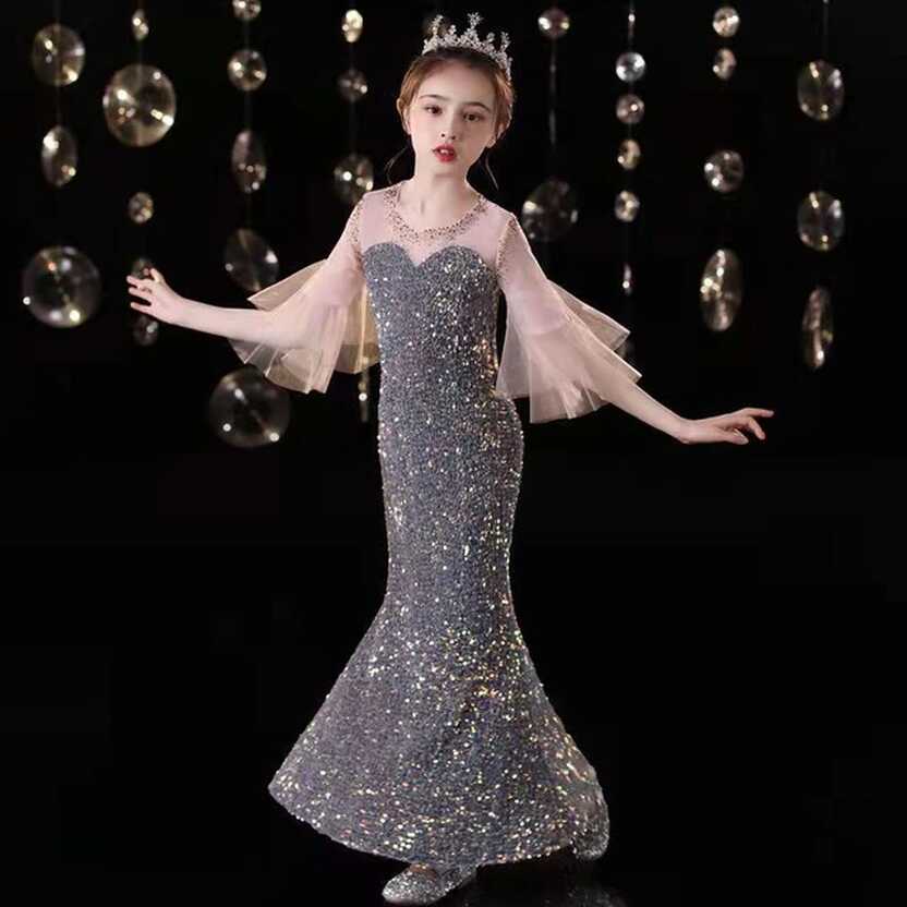 Teen Girl Children Shiny Long Dress Birthday Luxury Party Evening ...