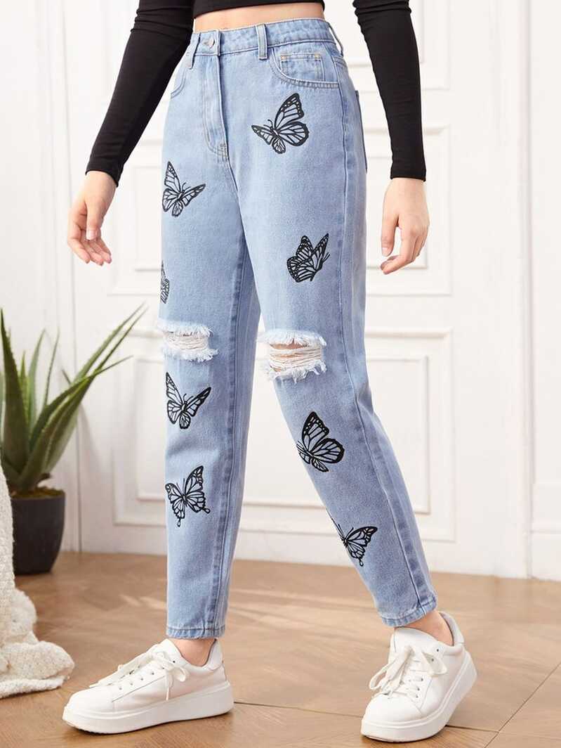 Teen Girls Butterfly Print Ripped Jeans