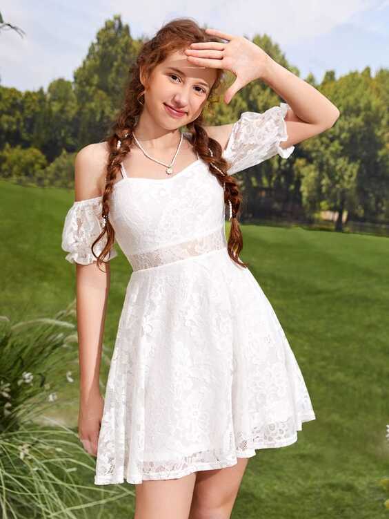 Teen Girls Cold Shoulder Lace A-line Dress