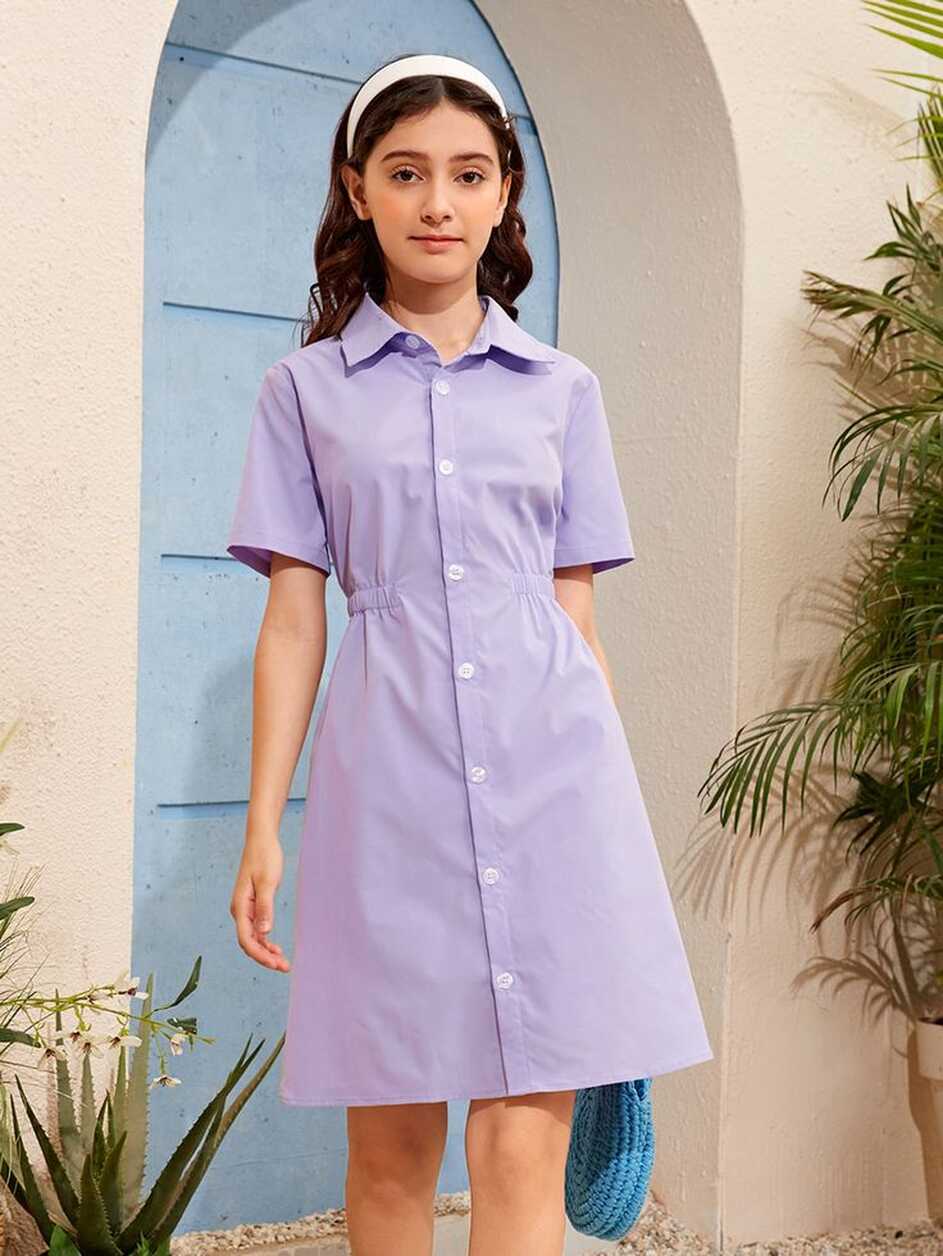 Teen Girls Collar Neck Button Front Shirt Dress