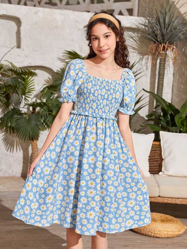 Teen Girls Daisy Floral Print Square Neck Puff Sleeve Frill Trim Dress