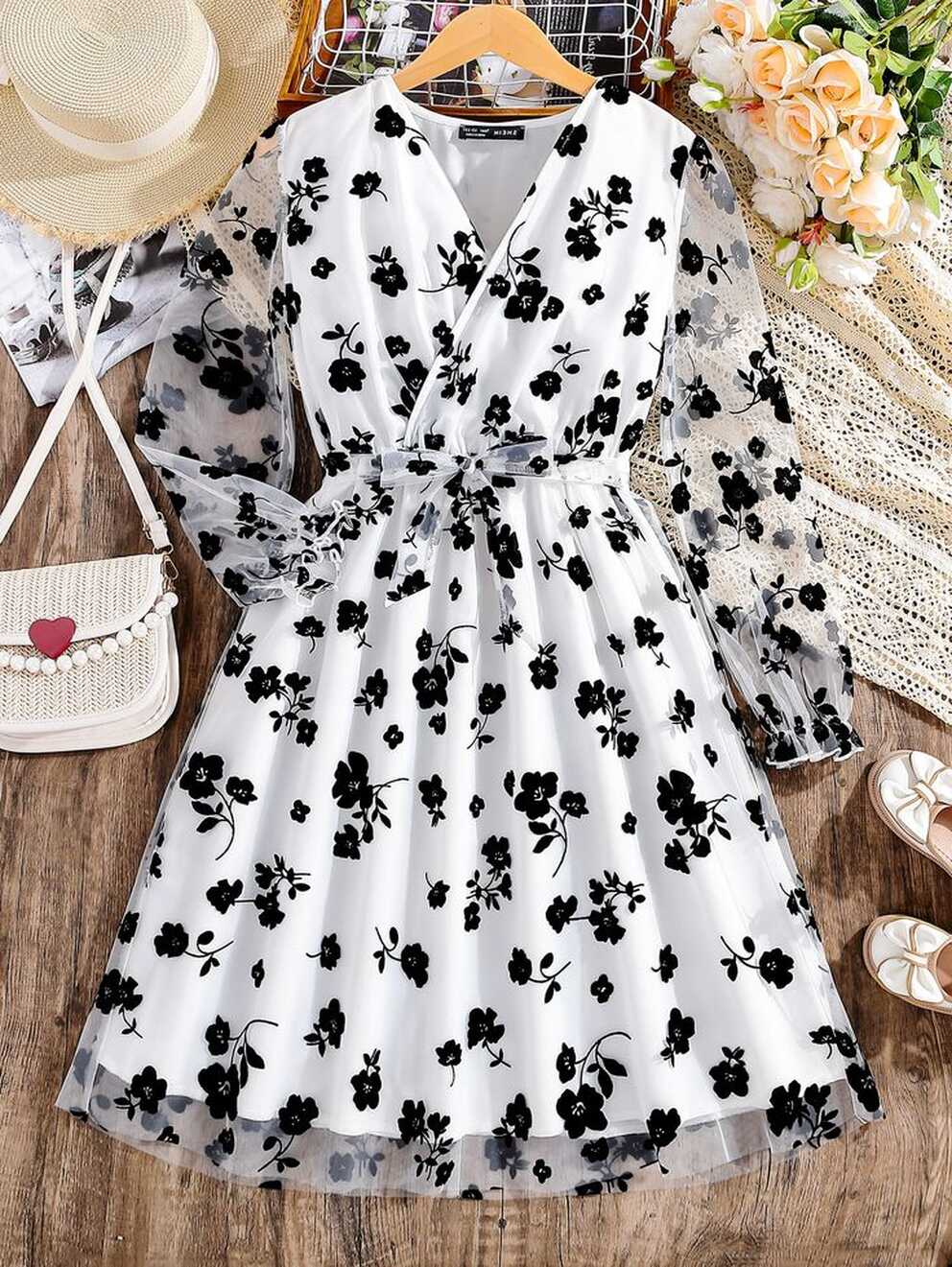 Teen Girls Floral Print Flounce Sleeve Mesh Overlap Collar Dress