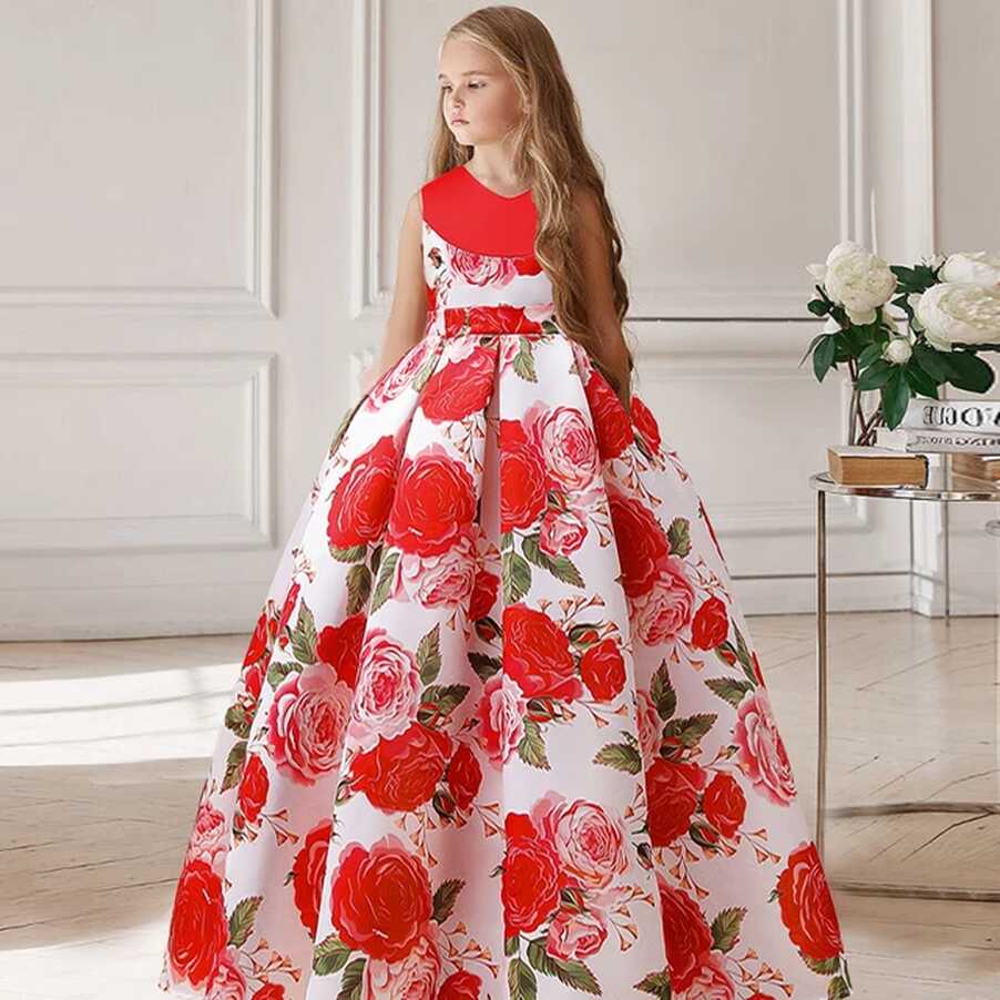 Teenage Girls Dress Rose Print Flowers Children Clothing Party ...