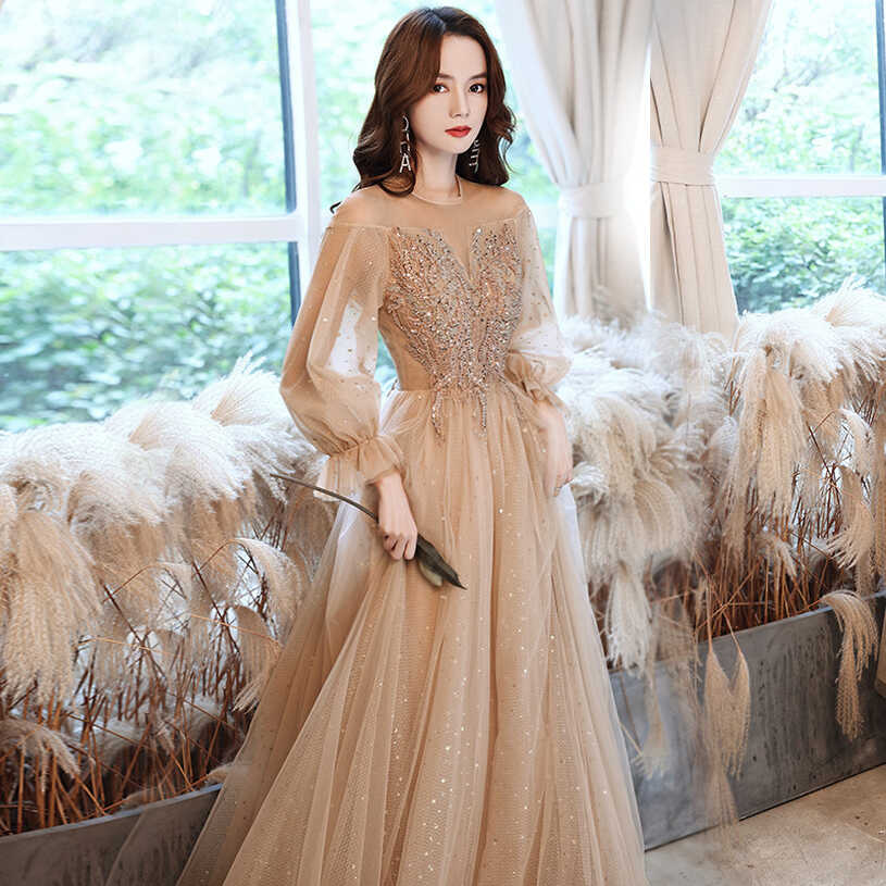 Temperament of champagne gowns long sleeve Evening Party Dresses ...