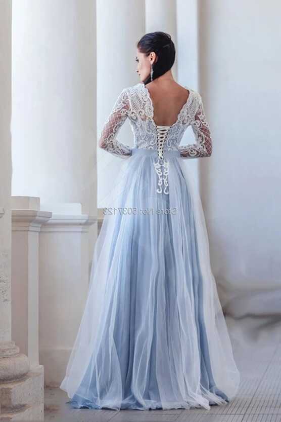 Tempting Light Blue Wedding Dresses Long Sleeves V Neck A Line ...