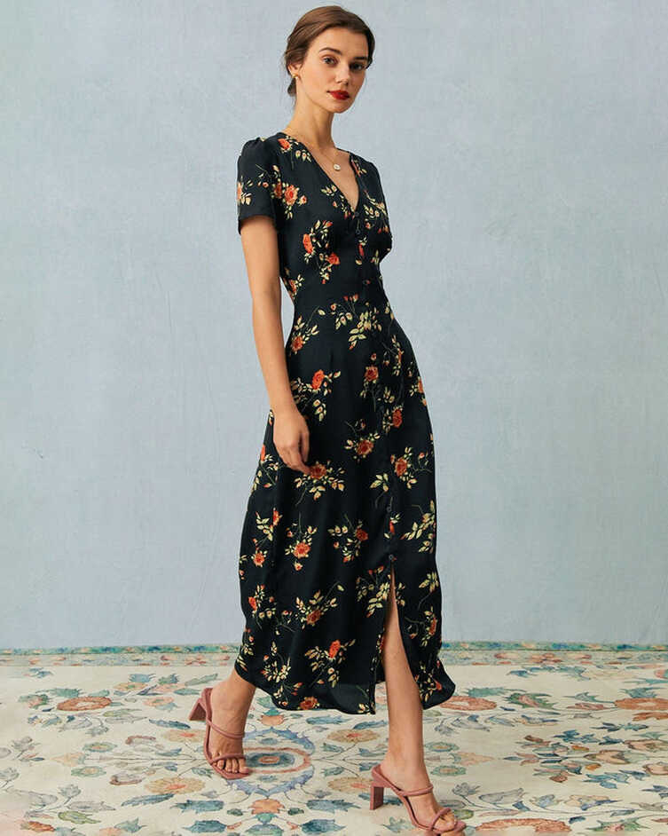 The Black V Neck Floral Short Sleeve Maxi Dress - Short Sleeve ...