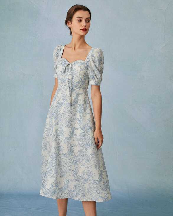 The Blue Sweetheart Neck Puff Sleeve Floral Midi Dress - High ...