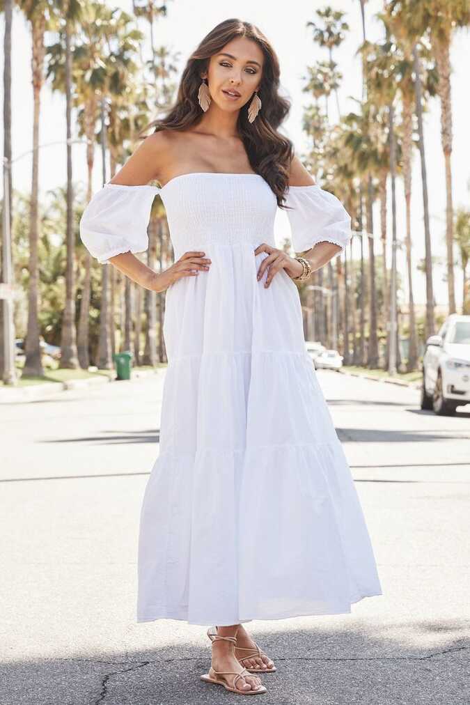 The Boho Off the Shoulder Dress - White / S