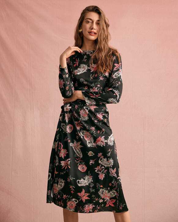 The Floral Ruched Long Sleeve Midi Dress &amp; Reviews - Black ...