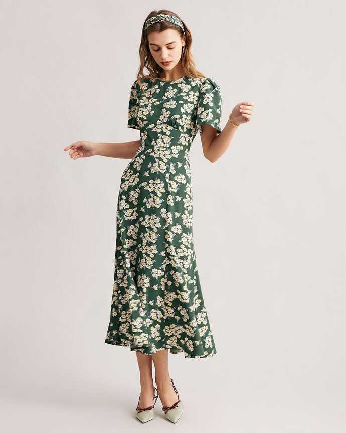 The Green Round Neck Short Sleeve Floral Midi Dress - Round Neck ...