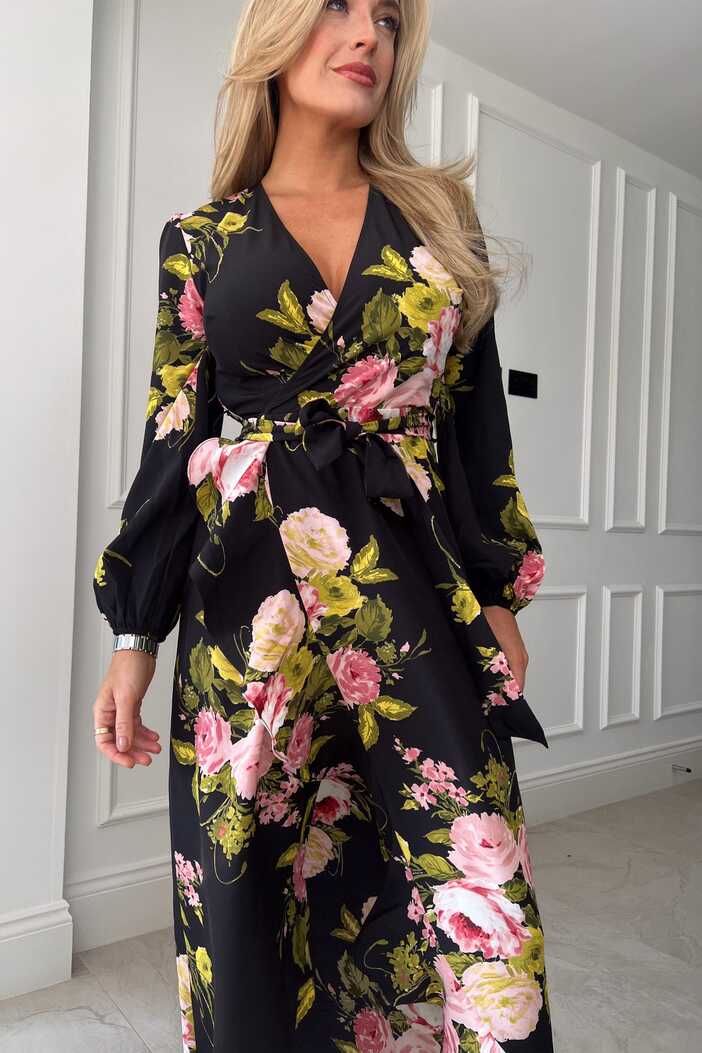 Thea Long Sleeve Wrap Midi Dress Black Floral – Girl In Mind