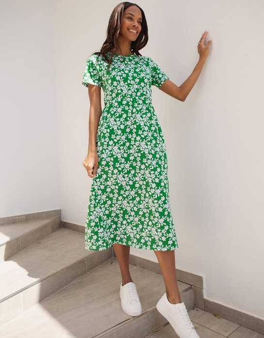 Threadbare Women&#39;s Green Floral Jersey Midi Smock Dress