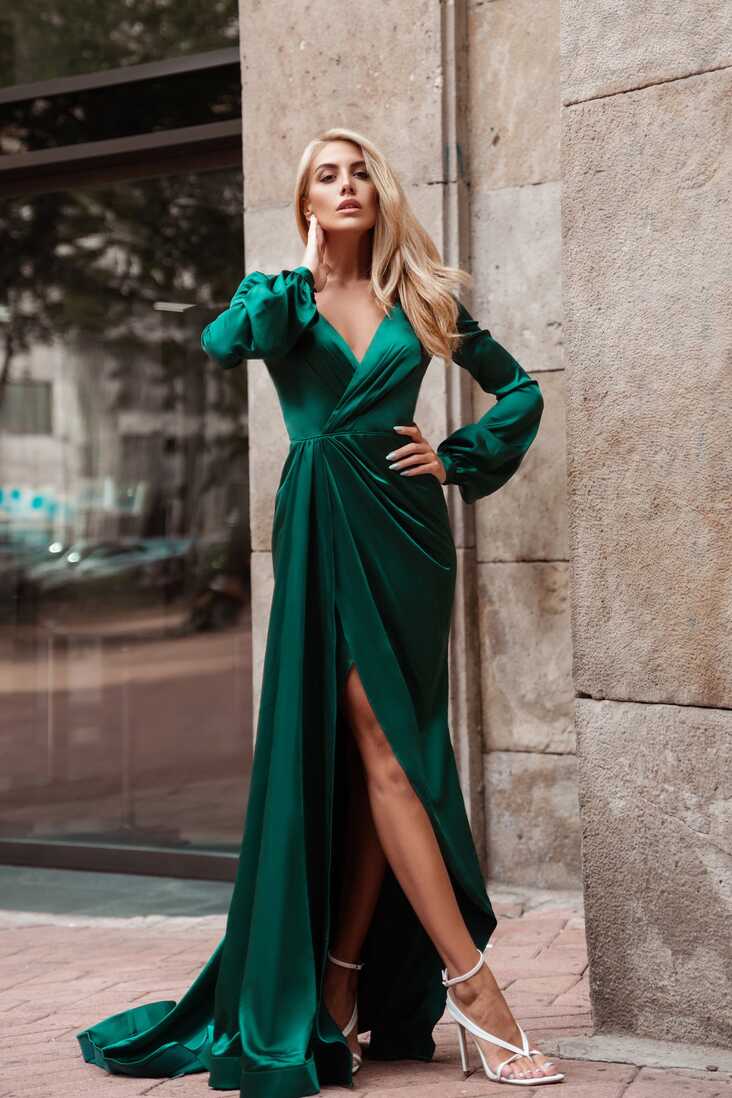 Tina Holly Couture Designer TK305 Emerald Green Silky Long Sleeved For