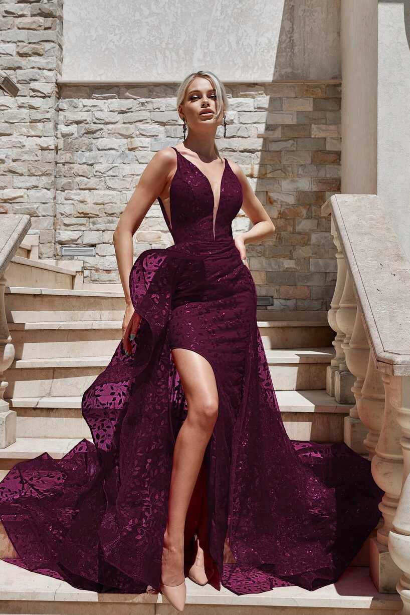 Tina Holly Couture Designer TW025 Plum Glitter Formal Dress w Over Ski