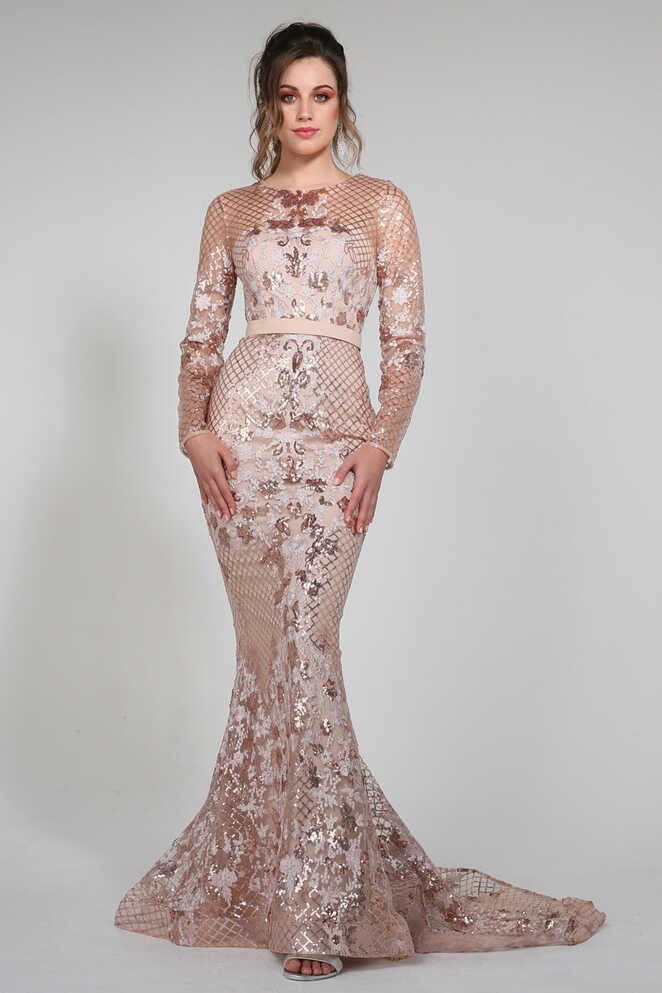 Tina Holly Couture TA139 Rose Gold Sequin Long Sleeve Mermaid Formal D