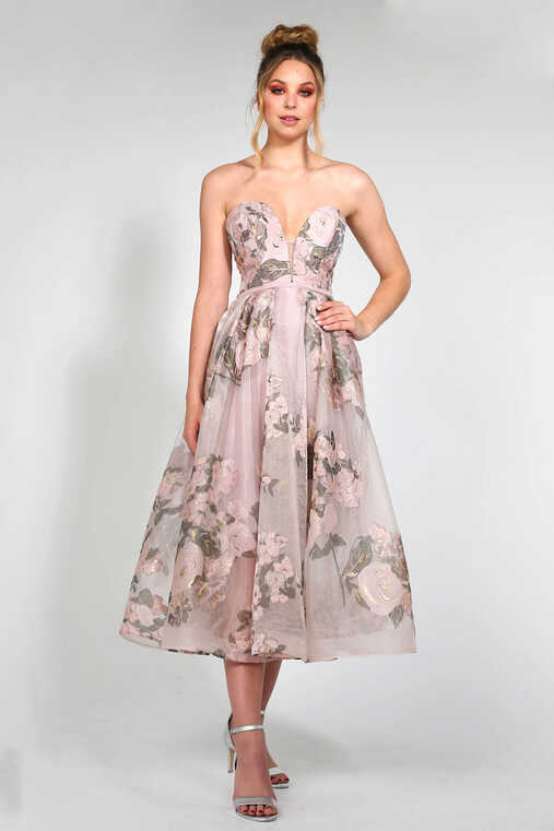 Tina Holly Couture TA819 Pink Floral Chiffon Strapless Midi Semi Forma